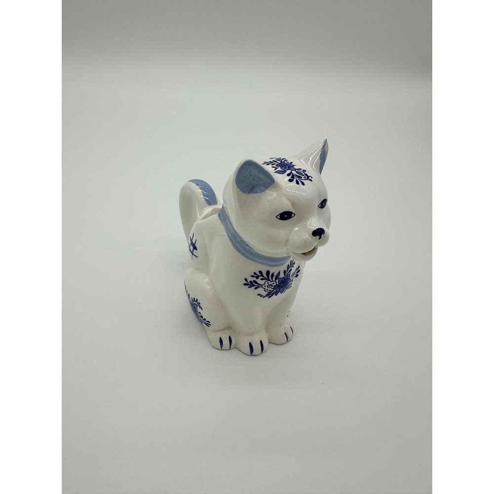 Cat Creamer Pitcher Delft Style Floral Blue White Small